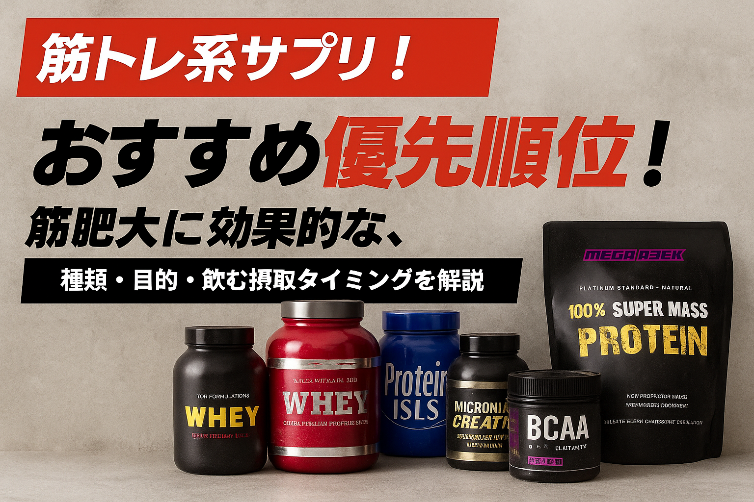 筋トレ系サプリ！おすすめ優先順位 ！筋肥大に効果的な、種類・目的・飲む摂取タイミングを解説